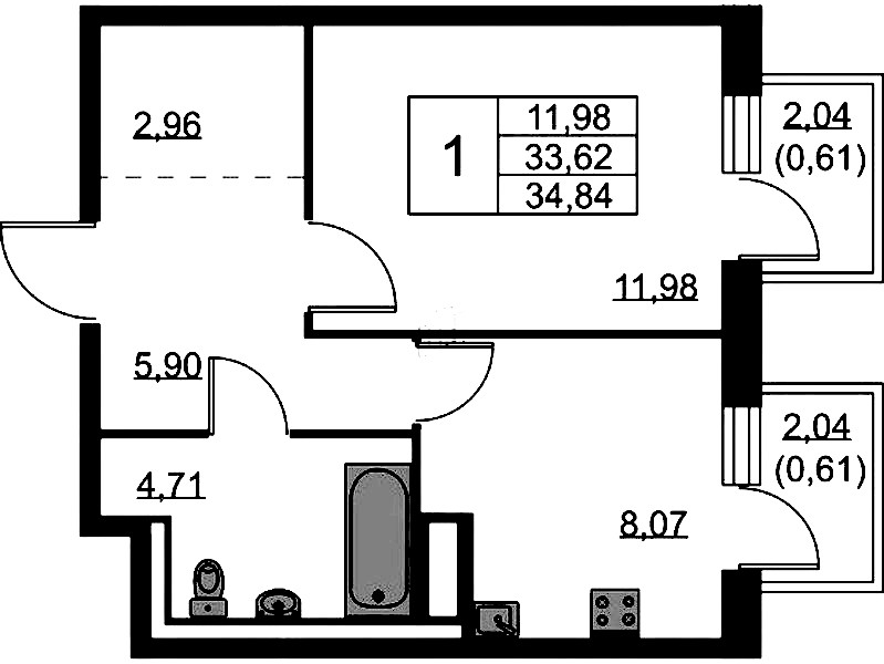 1-комнатная квартира 34.84 м², 3/9 эт., ЖК «Квартал Лаголово»
